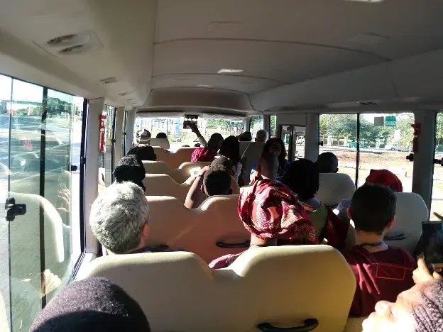 Passengers seated inside a commercial bus